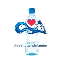 A logo design for a bottled water brand, symbolizing family reunion, featuring elements like waves, a heart, and people embracing