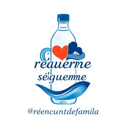 A logo design for a bottled water brand, symbolizing family reunion, featuring elements like waves, a heart, and people embracing