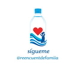 A logo design for a bottled water brand, symbolizing family reunion, featuring elements like waves, a heart, and people embracing