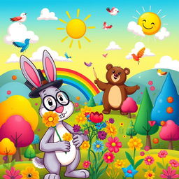 A vibrant cartoon scene depicting a whimsical landscape filled with colorful trees and playful animals