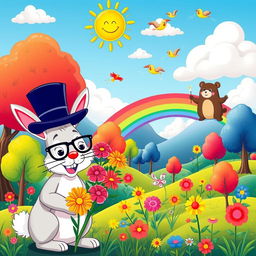 A vibrant cartoon scene depicting a whimsical landscape filled with colorful trees and playful animals