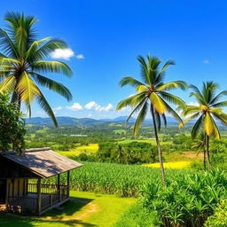 A picturesque view of the Dominican Republic countryside, showcasing lush green landscapes, vibrant tropical flora, and a clear blue sky