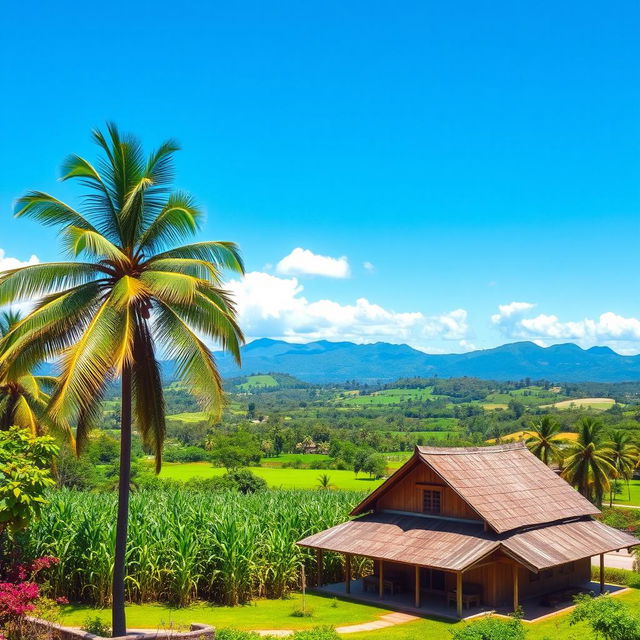 A picturesque view of the Dominican Republic countryside, showcasing lush green landscapes, vibrant tropical flora, and a clear blue sky