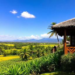 A picturesque view of the Dominican Republic countryside, showcasing lush green landscapes, vibrant tropical flora, and a clear blue sky