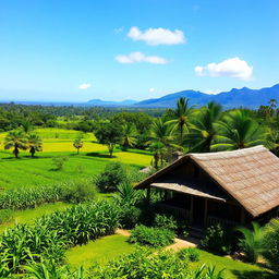 A picturesque view of the Dominican Republic countryside, showcasing lush green landscapes, vibrant tropical flora, and a clear blue sky