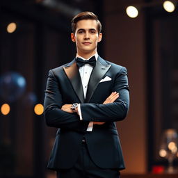 An elegant figure dressed in a sleek black suit and a stylish bow tie, standing confidently with arms crossed