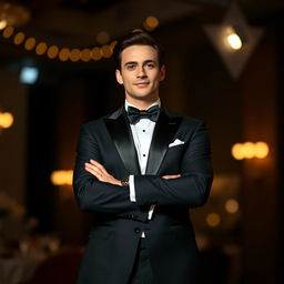 An elegant figure dressed in a sleek black suit and a stylish bow tie, standing confidently with arms crossed