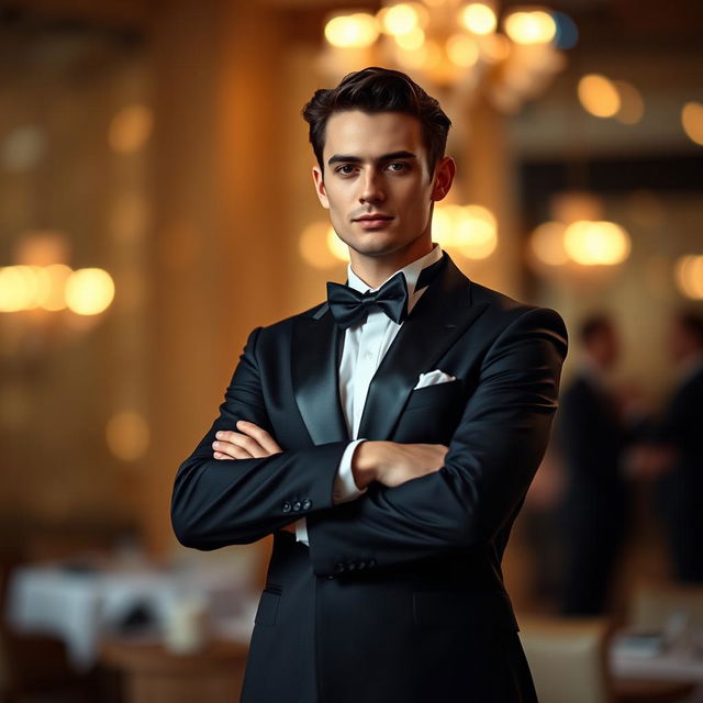 An elegant figure dressed in a sleek black suit and a stylish bow tie, standing confidently with arms crossed