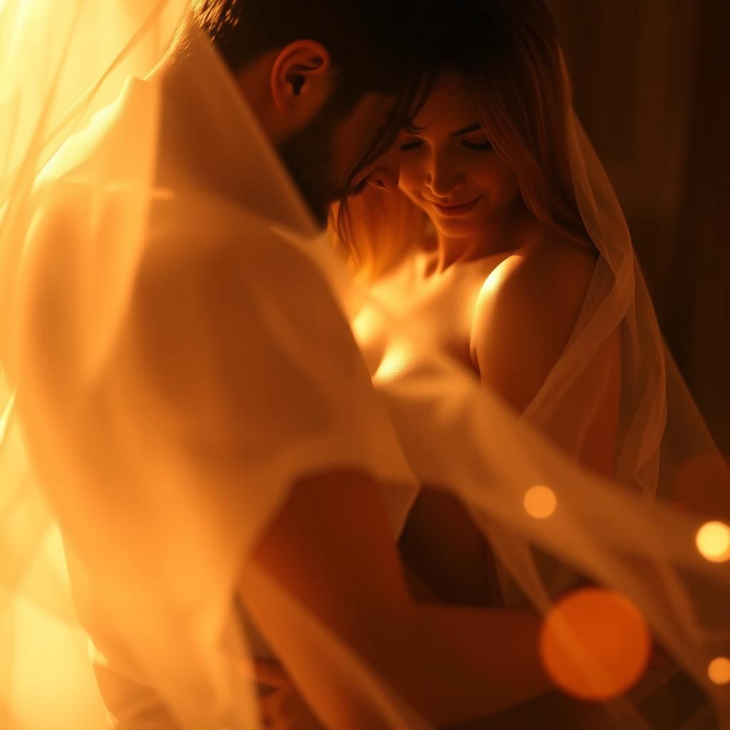 A sensual and artistic representation of intimacy, featuring a couple surrounded by soft lighting, intertwined in an embrace