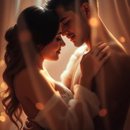 A sensual and artistic representation of intimacy, featuring a couple surrounded by soft lighting, intertwined in an embrace
