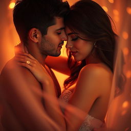 A sensual and artistic representation of intimacy, featuring a couple surrounded by soft lighting, intertwined in an embrace