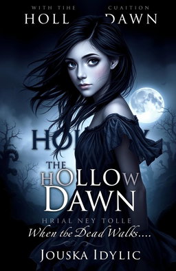 A novel cover design for 'Hollow Dawn: When the Dead Walk', featuring a mysterious girl in an ethereal, haunting setting