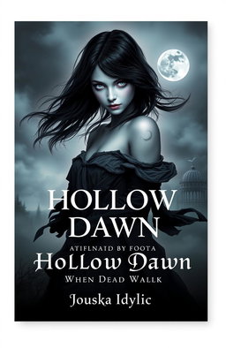 A novel cover design for 'Hollow Dawn: When the Dead Walk', featuring a mysterious girl in an ethereal, haunting setting