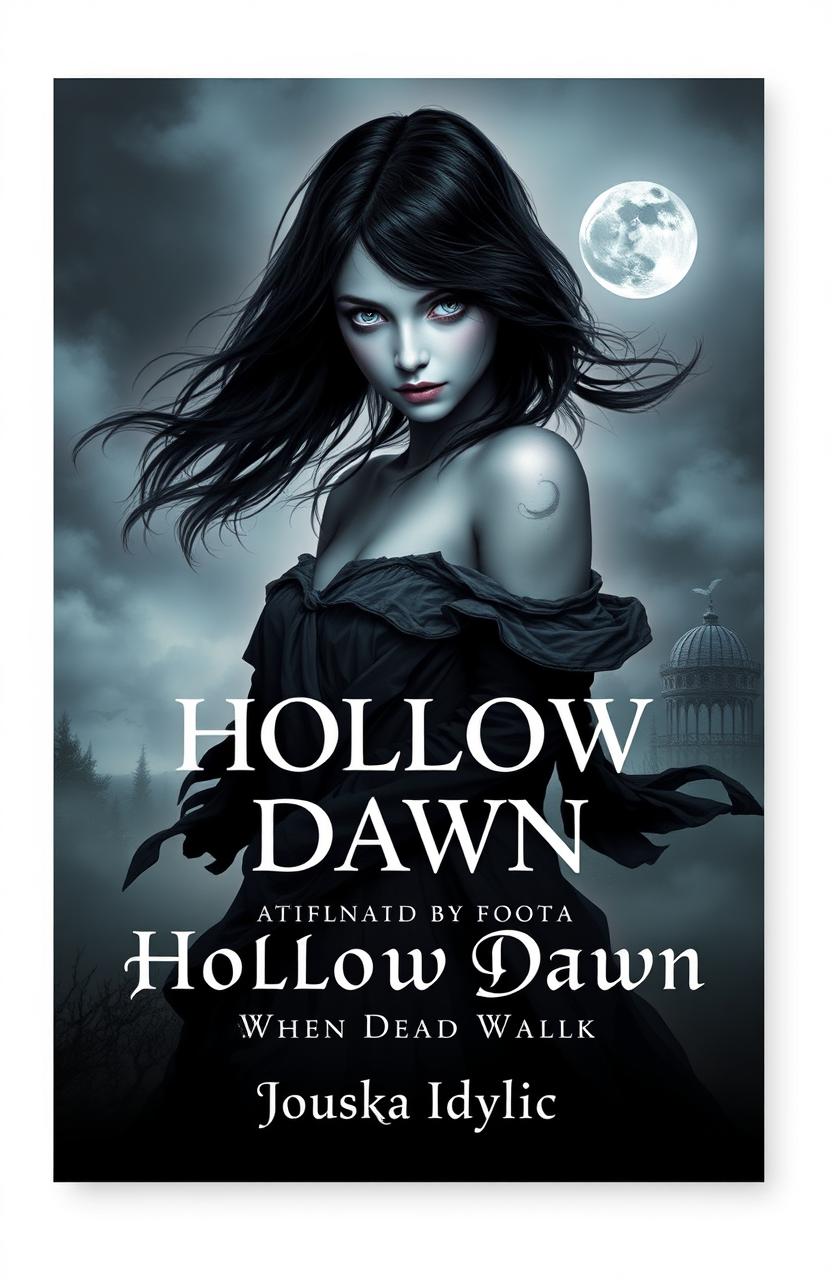 A novel cover design for 'Hollow Dawn: When the Dead Walk', featuring a mysterious girl in an ethereal, haunting setting