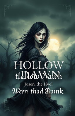 A novel cover design for 'Hollow Dawn: When the Dead Walk', featuring a mysterious girl in an ethereal, haunting setting