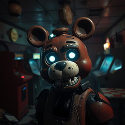 A spooky and immersive scene set in an abandoned pizzeria inspired by Five Nights at Freddy's, featuring animatronic characters with a creepy and eerie vibe
