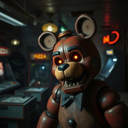 A spooky and immersive scene set in an abandoned pizzeria inspired by Five Nights at Freddy's, featuring animatronic characters with a creepy and eerie vibe