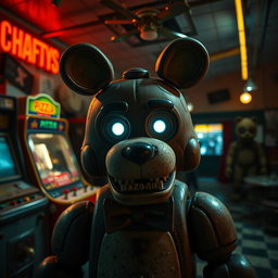 A spooky and immersive scene set in an abandoned pizzeria inspired by Five Nights at Freddy's, featuring animatronic characters with a creepy and eerie vibe
