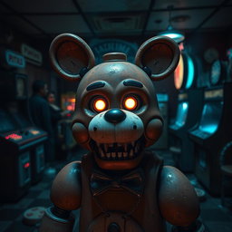 A spooky and immersive scene set in an abandoned pizzeria inspired by Five Nights at Freddy's, featuring animatronic characters with a creepy and eerie vibe