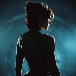 A dramatic close-up of Ellen Ripley's iconic silhouette, focusing on the aesthetic of her rear view, showcasing a strong and confident pose