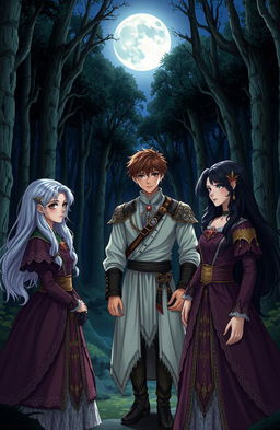 A mystical lunar forest at night featuring two almost identical girls, one with striking silver hair and the other with deep black hair