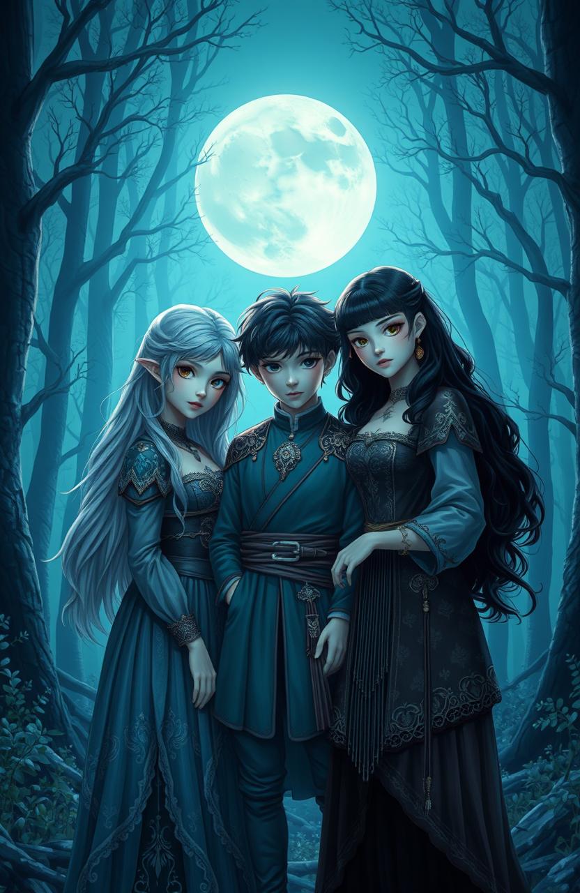 A mystical lunar forest at night featuring two almost identical girls, one with striking silver hair and the other with deep black hair