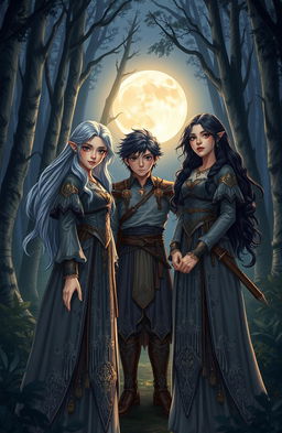 A mystical lunar forest at night featuring two almost identical girls, one with striking silver hair and the other with deep black hair