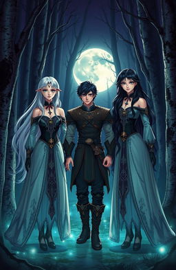 A mystical lunar forest at night featuring two almost identical girls, one with striking silver hair and the other with deep black hair