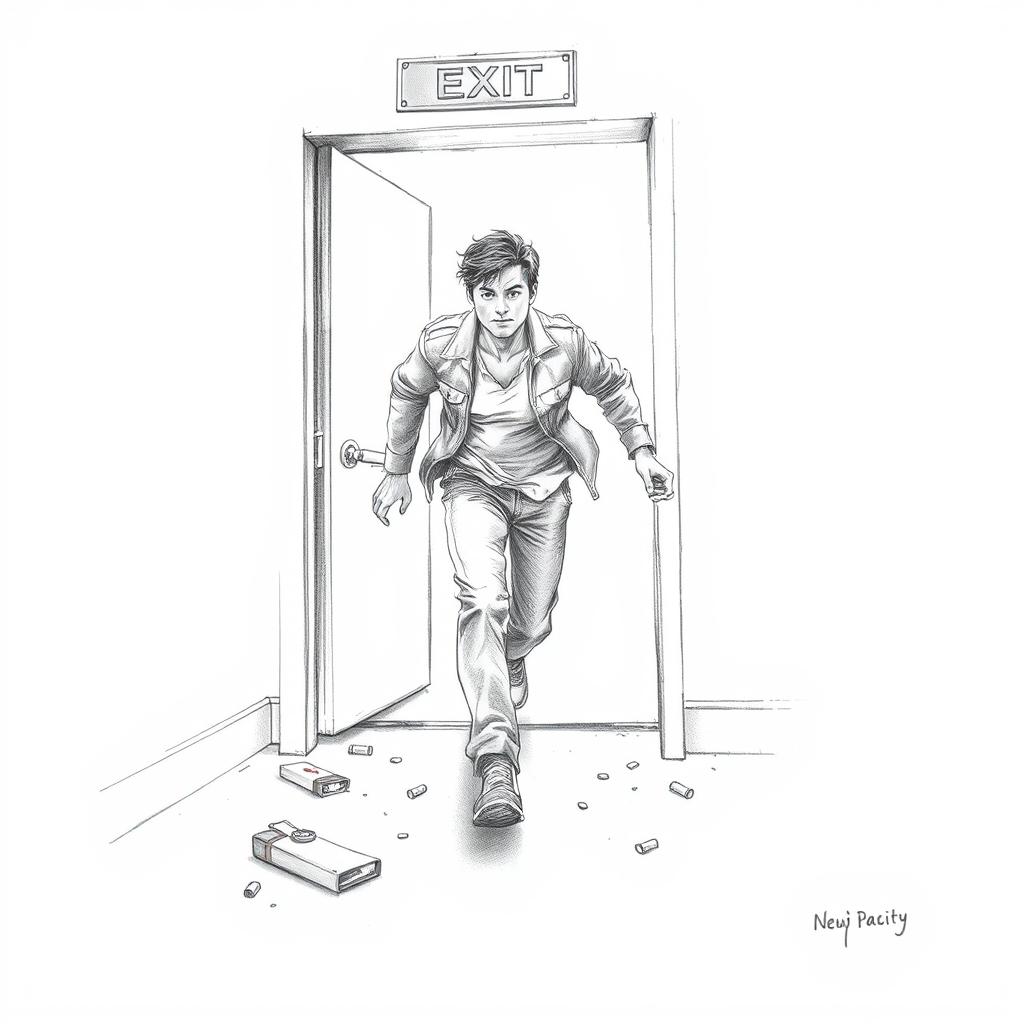 A pencil drawing of a person leaving through an emergency exit, depicted in a dynamic pose to express motion and urgency