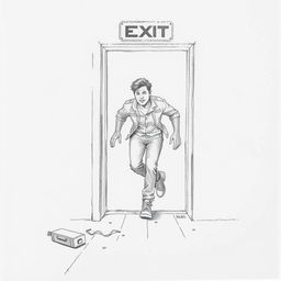 A pencil drawing of a person leaving through an emergency exit, depicted in a dynamic pose to express motion and urgency