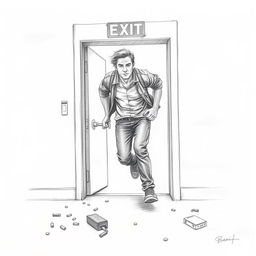 A pencil drawing of a person leaving through an emergency exit, depicted in a dynamic pose to express motion and urgency