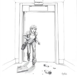A pencil drawing of a person leaving through an emergency exit, depicted in a dynamic pose to express motion and urgency