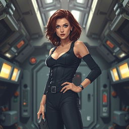 A stylized portrayal of Ellen Ripley in a sci-fi inspired setting, wearing her iconic outfit but with a focus on her character's confidence and strength, subtly framing her figure
