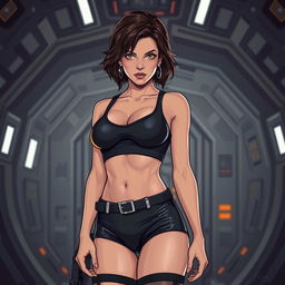 A stylized portrayal of Ellen Ripley in a sci-fi inspired setting, wearing her iconic outfit but with a focus on her character's confidence and strength, subtly framing her figure