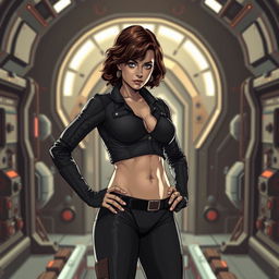 A stylized portrayal of Ellen Ripley in a sci-fi inspired setting, wearing her iconic outfit but with a focus on her character's confidence and strength, subtly framing her figure