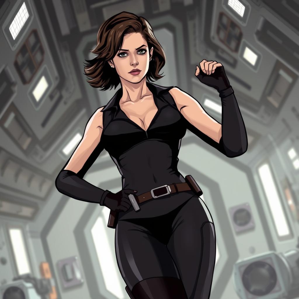 A stylized portrayal of Ellen Ripley in a sci-fi inspired setting, wearing her iconic outfit but with a focus on her character's confidence and strength, subtly framing her figure