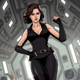 A stylized portrayal of Ellen Ripley in a sci-fi inspired setting, wearing her iconic outfit but with a focus on her character's confidence and strength, subtly framing her figure