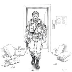 A detailed pencil drawing of a brigadist, depicted in full uniform, leaving through an emergency exit