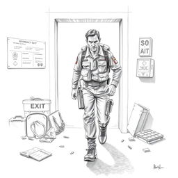 A detailed pencil drawing of a brigadist, depicted in full uniform, leaving through an emergency exit