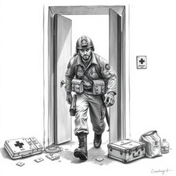 A detailed pencil drawing of a brigadist, depicted in full uniform, leaving through an emergency exit