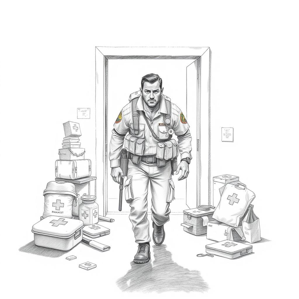 A detailed pencil drawing of a brigadist, depicted in full uniform, leaving through an emergency exit