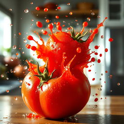 A vibrant and dynamic scene of a fresh, ripe tomato bursting open, showcasing vivid red splatters and juicy seeds flying through the air