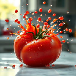 A vibrant and dynamic scene of a fresh, ripe tomato bursting open, showcasing vivid red splatters and juicy seeds flying through the air