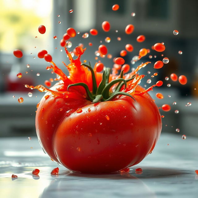 A vibrant and dynamic scene of a fresh, ripe tomato bursting open, showcasing vivid red splatters and juicy seeds flying through the air