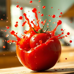 A vibrant and dynamic scene of a fresh, ripe tomato bursting open, showcasing vivid red splatters and juicy seeds flying through the air