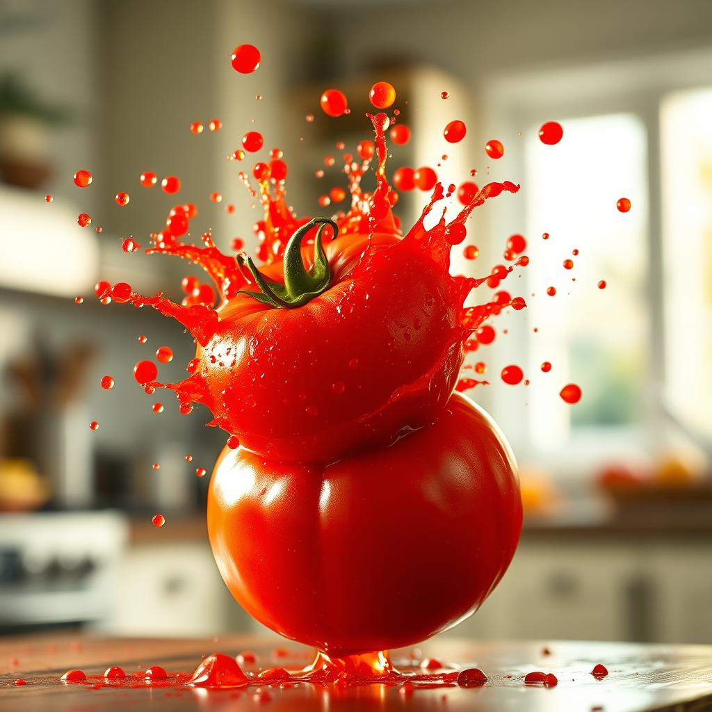 A vibrant and dynamic scene of a fresh, ripe tomato bursting open, showcasing vivid red splatters and juicy seeds flying through the air
