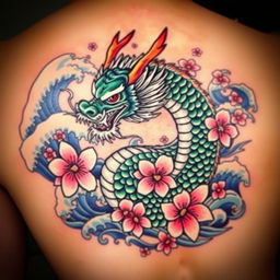 A stunning Japanese Yakuza tattoo design featuring intricate, traditional elements such as a fierce dragon entwined around cherry blossoms and waves