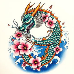 A stunning Japanese Yakuza tattoo design featuring intricate, traditional elements such as a fierce dragon entwined around cherry blossoms and waves