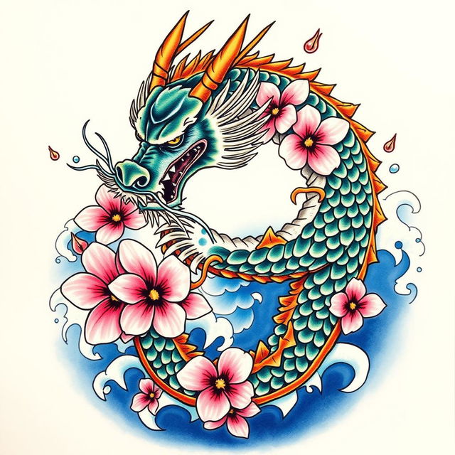 A stunning Japanese Yakuza tattoo design featuring intricate, traditional elements such as a fierce dragon entwined around cherry blossoms and waves