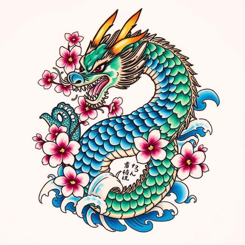 A stunning Japanese Yakuza tattoo design featuring intricate, traditional elements such as a fierce dragon entwined around cherry blossoms and waves